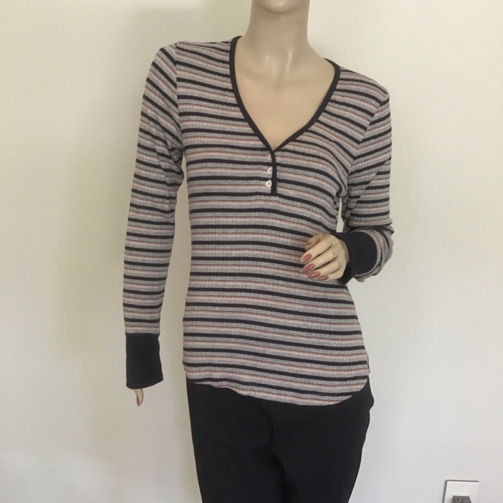 FRAME Denim Gray‎ Navy Blue multicolor Striped Ribbed Stretch Henley Top Shirt L